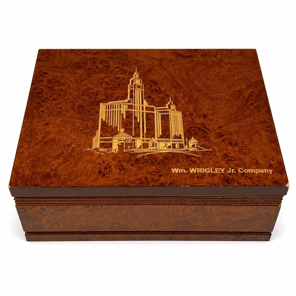 Vintage Wm Wrigley Jr Company Wood Keepsake Box Chicago Building Memorabilia
